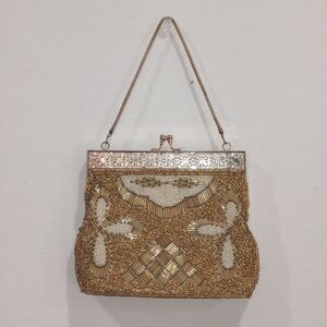 Granny Gold Beaded Art Deco Cocktail Evening Bag Clutch - Vintage 80s